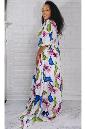 060722 White Multi Colors Kimono sleeve floral maxi dress