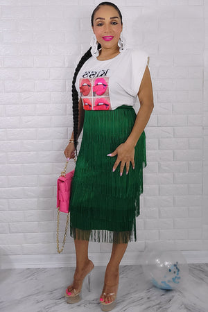 083122 The green High Waist Fringe Skirt