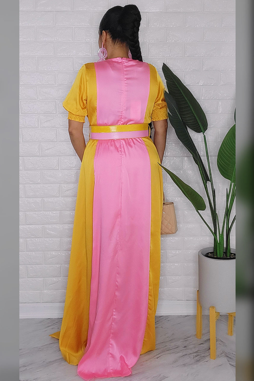 020123 Golden Mustard & Pink Colorblock Maxi Dress