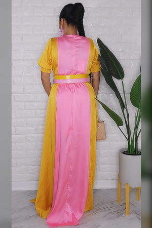 020123 Golden Mustard & Pink Colorblock Maxi Dress