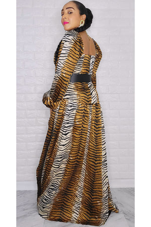 092722 Brown Belted Animal Print Maxi Dress w Split On the Side