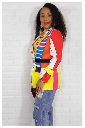 03072022 Yellow/Pink Multi Print Elegance One Button Blazer