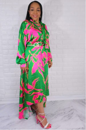 05182022 Green & Pink High Low Oversized Long Sleeve Dress