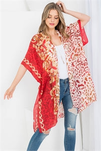 03242022 RED MULTI PATTERN LEOPARD PRINT OPEN FRONT KIMONO