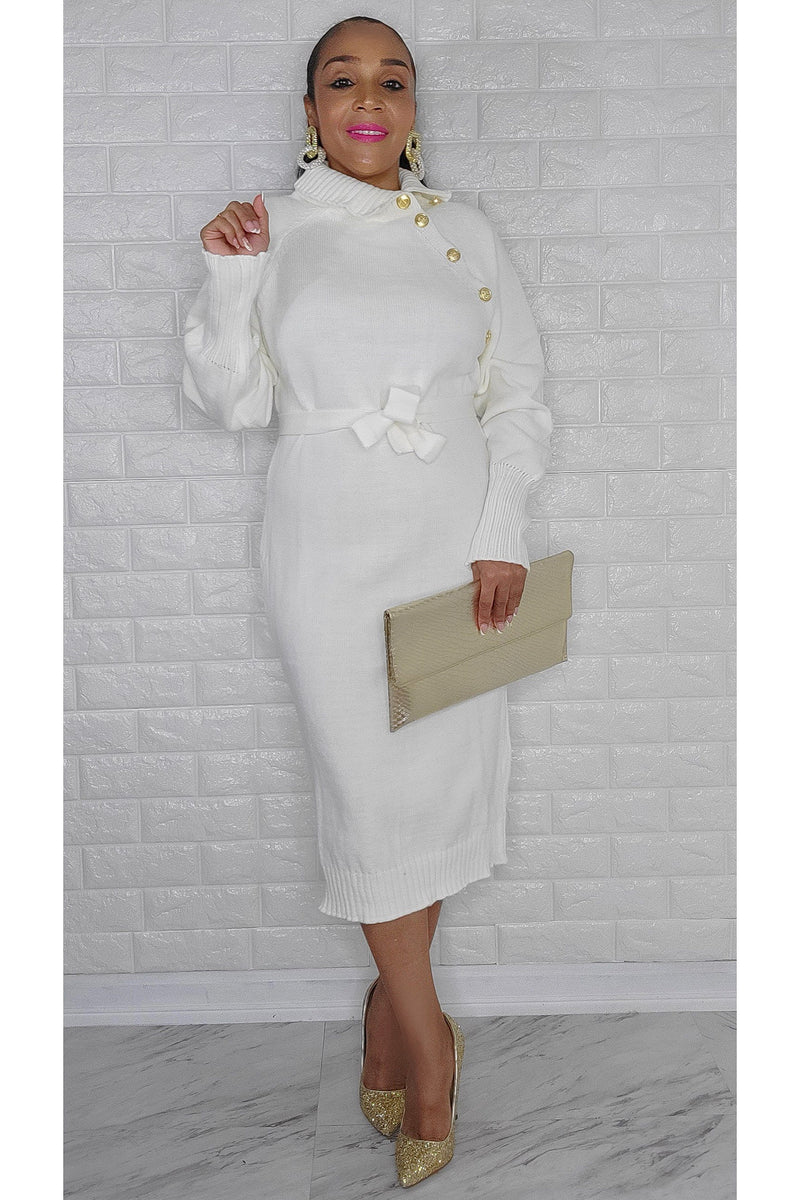 122922 The White with Gold Bottons Belted Sweater Dress One Size Fit