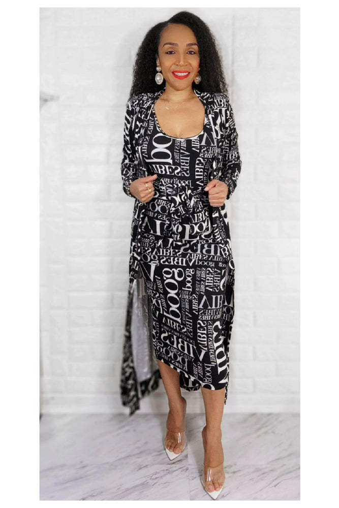 03232022 Black/White Good Vibe 2 PC Duster & Dress Set
