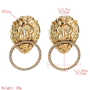 Gold Antique  Lion Head With Rhinestone Circle  Earrings