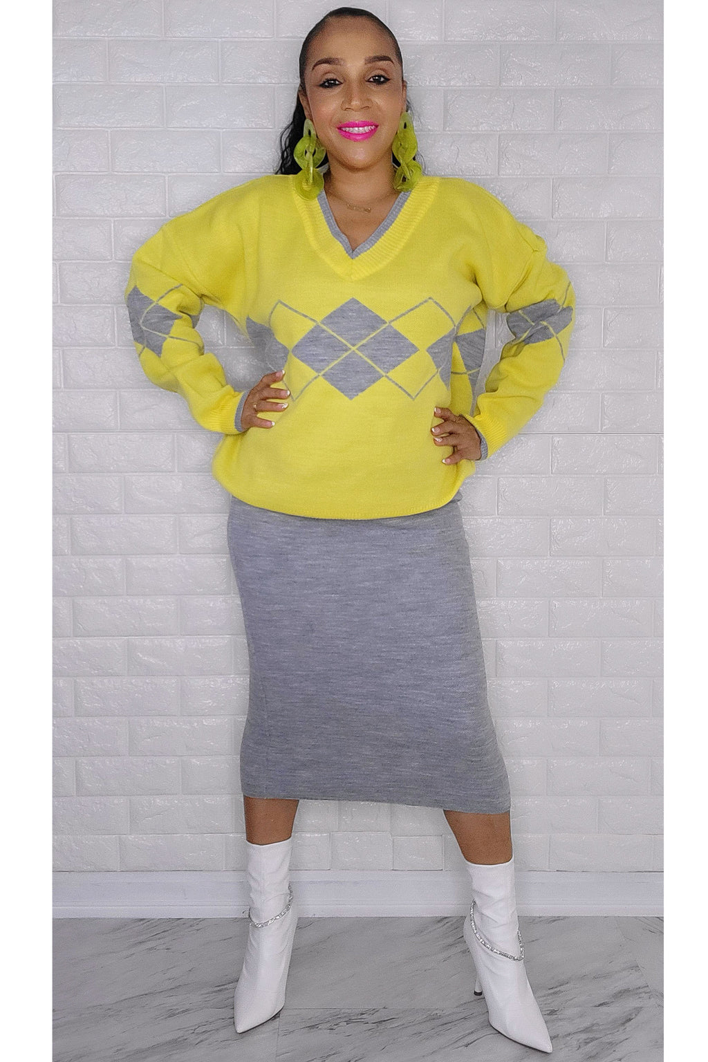 120722 The Yellow & Gray Sweater Skirt Set One Size fit all