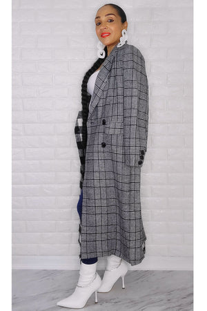111922 Black and White Contrast Plaid Color Block Fringe Coat