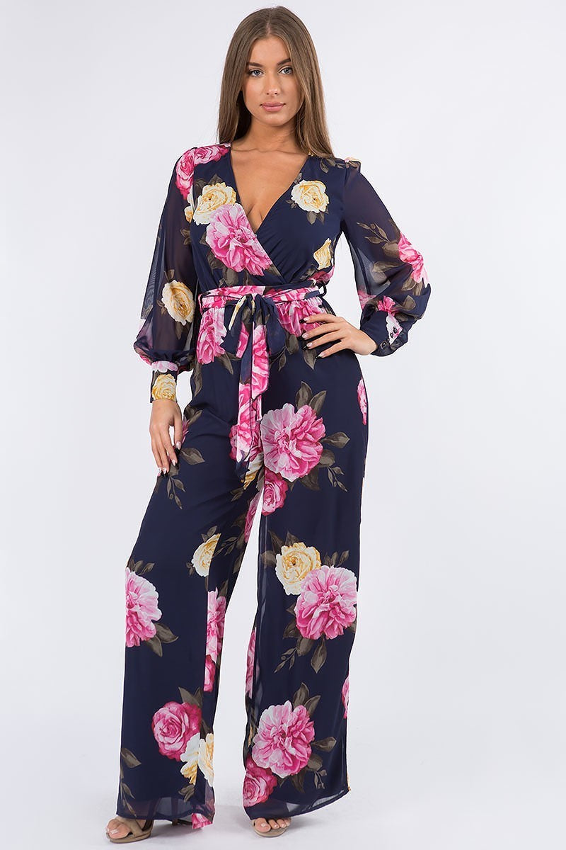 Navy Florals Chiffon Faux Wrap Long Sleeves Palazzo Jumpsuit