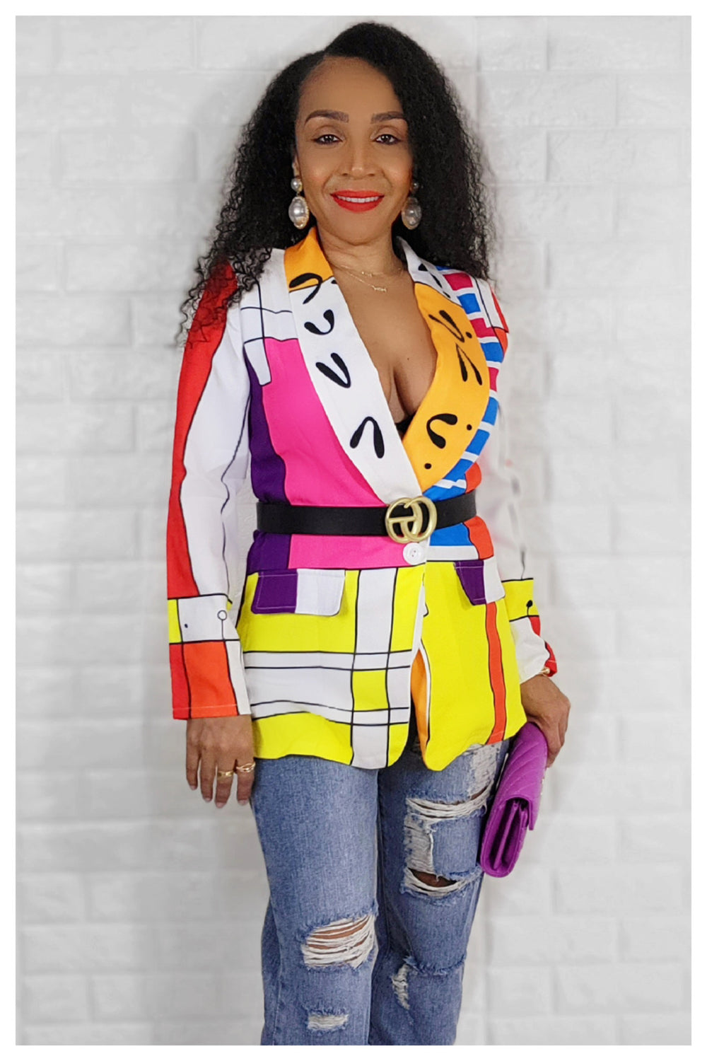 03072022 Yellow/Pink Multi Print Elegance One Button Blazer