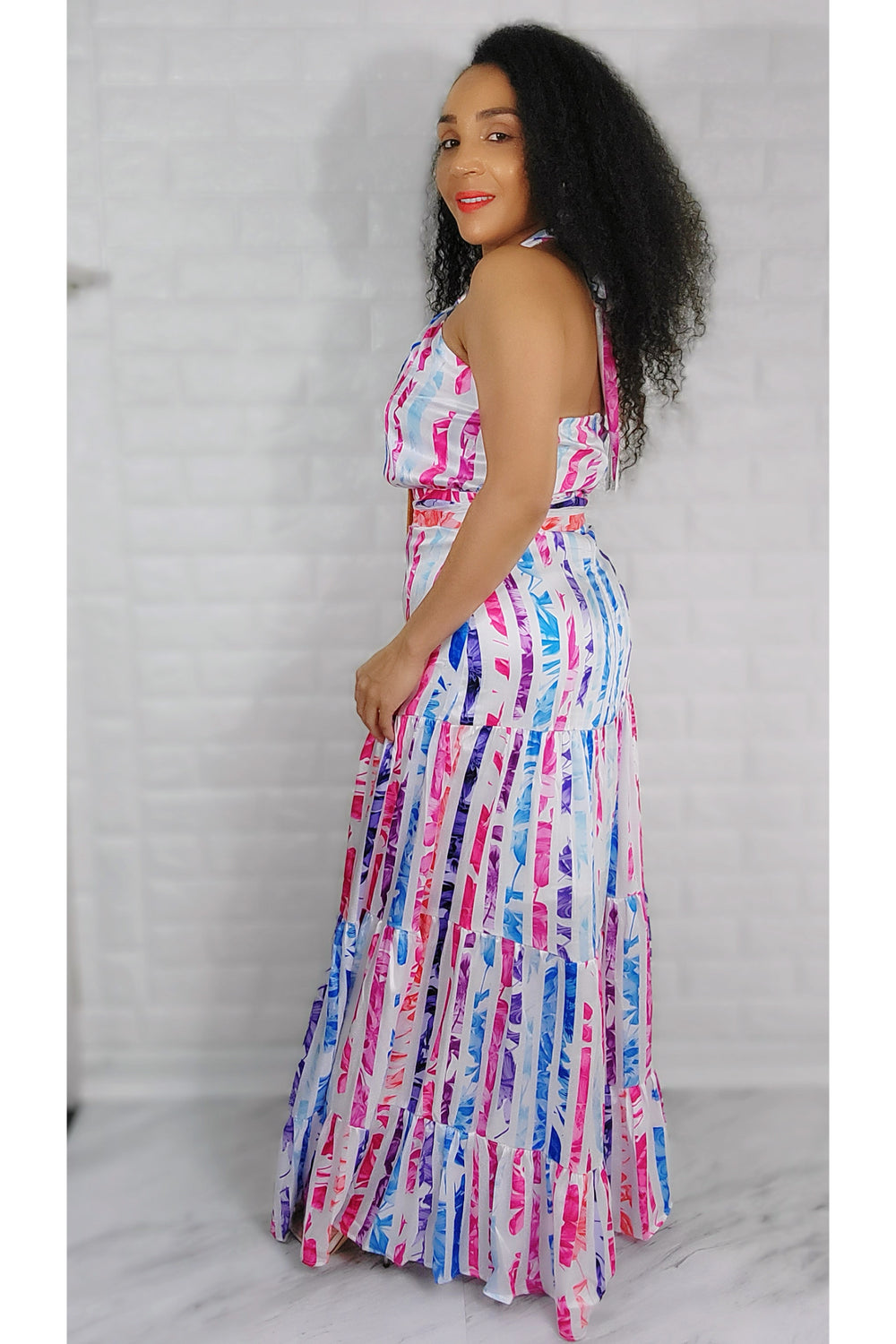 04/26/2022 Blue Multi Color Stripe Printed Maxi Dress