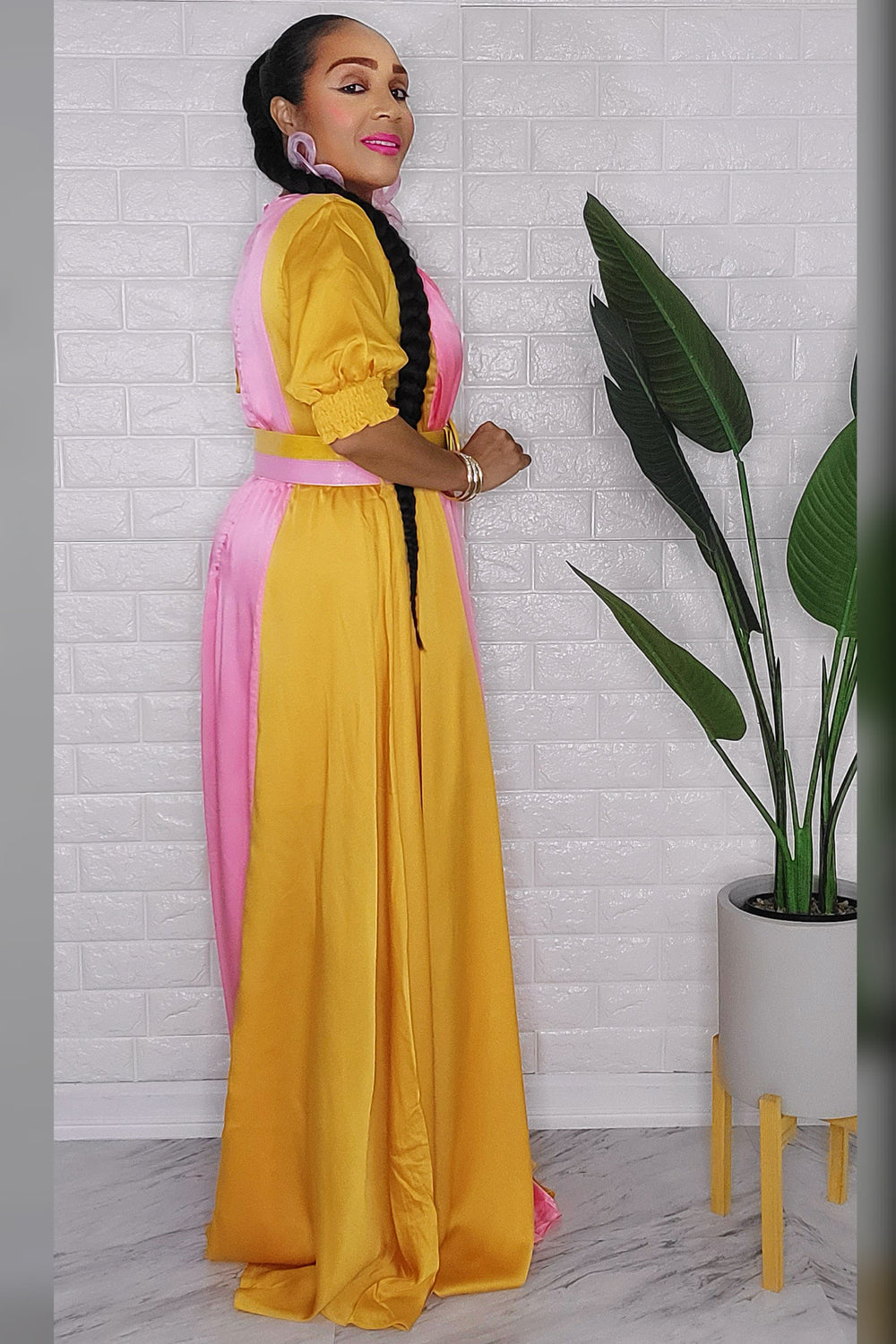 020123 Golden Mustard & Pink Colorblock Maxi Dress