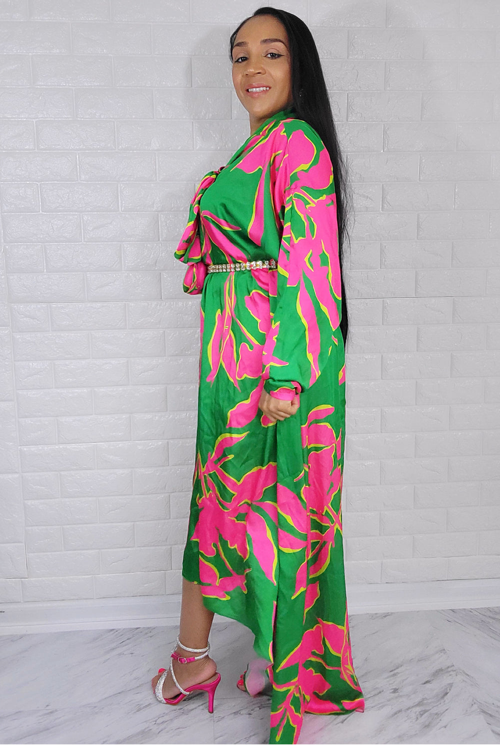 05182022 Green & Pink High Low Oversized Long Sleeve Dress