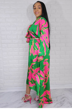 05182022 Green & Pink High Low Oversized Long Sleeve Dress