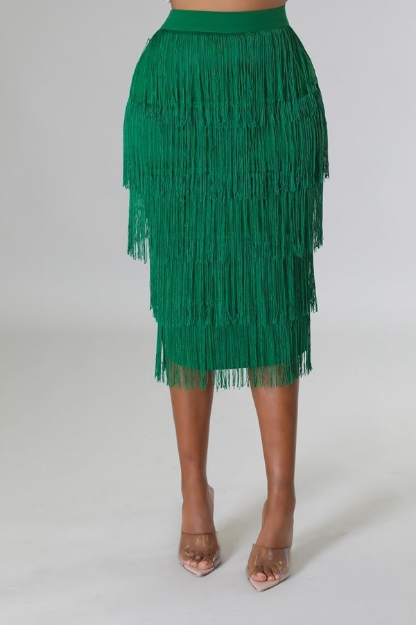 083122 The green High Waist Fringe Skirt