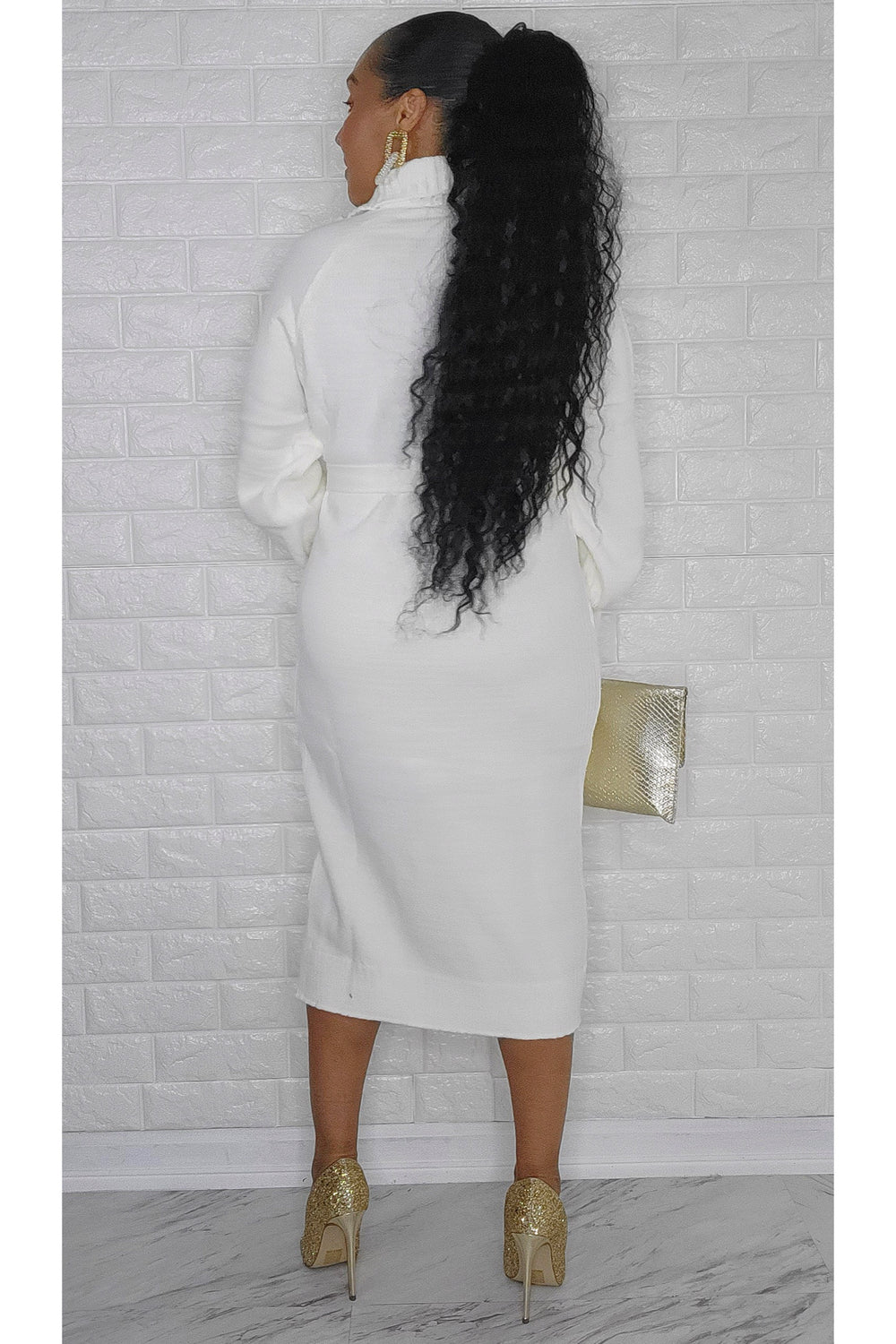 122922 The White with Gold Bottons Belted Sweater Dress One Size Fit