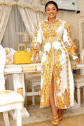 10052021 White & Gold Multi Print Long Sleeves Dress