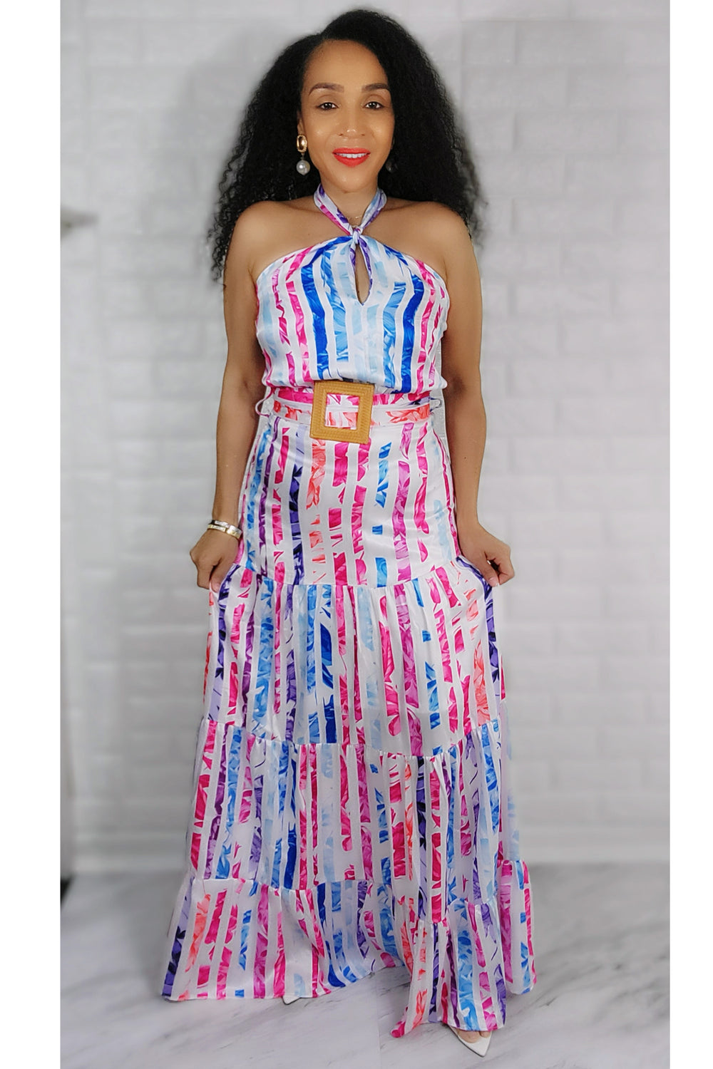04/26/2022 Blue Multi Color Stripe Printed Maxi Dress