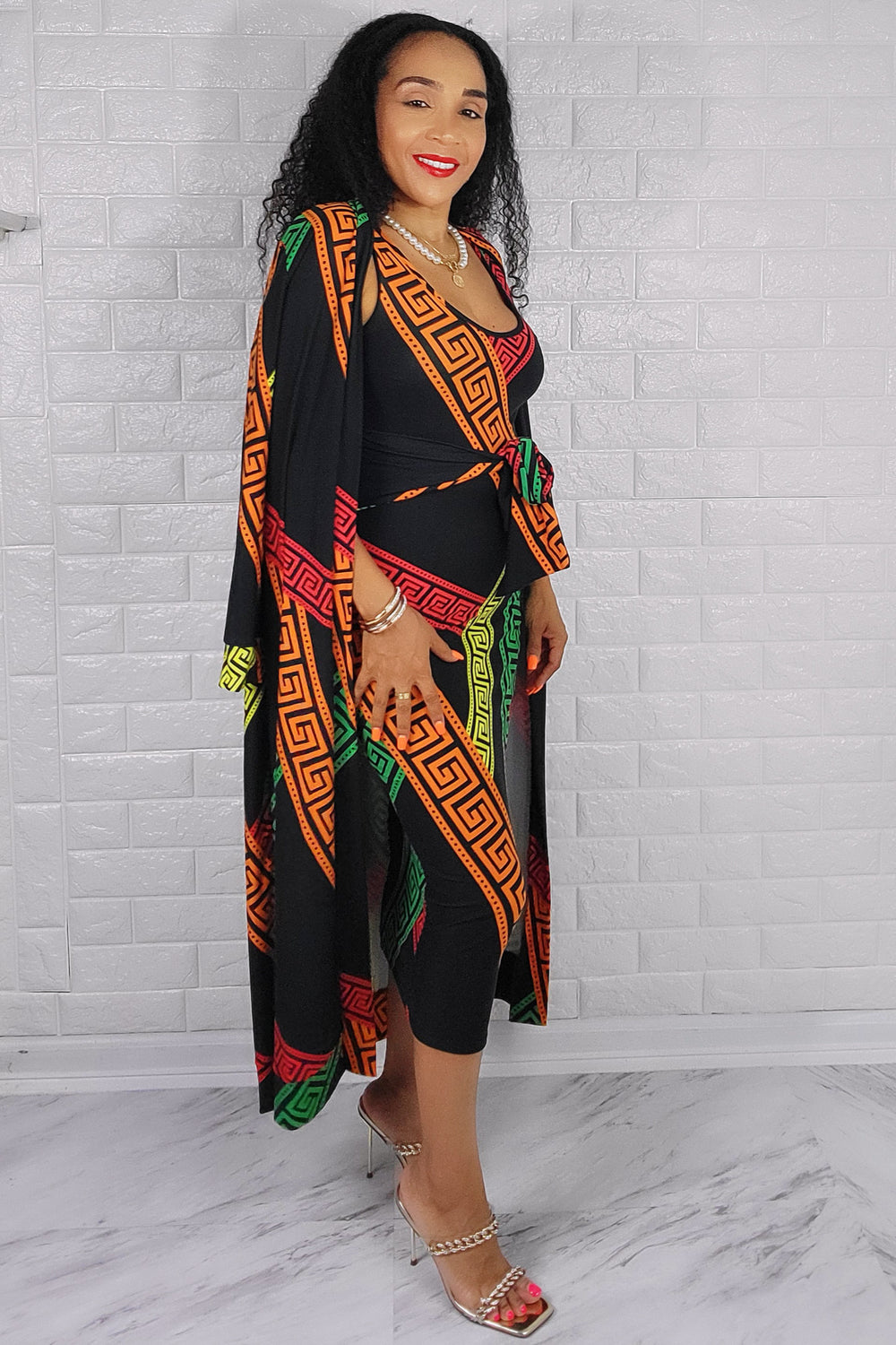 05042022 Green & Orange Multi Print 2 Pc Duster & Dress